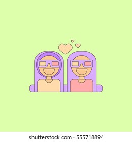 Vector illustration in flat style girls at the Cinema theater in 3D glasses