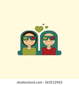 Vector illustration in flat style girls at the Cinema theater in 3D glasses