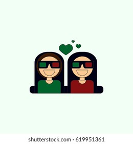 Vector illustration in flat style girls at the Cinema theater in 3D glasses