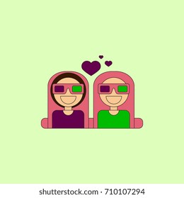 Vector illustration in flat style girls at the Cinema theater in 3D glasses