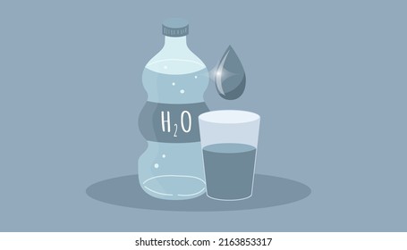 ilustración vectorial en estilo plano - vaso de agua, botella de agua, gota de agua