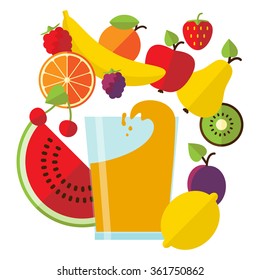 Vector illustration in flat style with glass of fresh juice and tasty fruit.