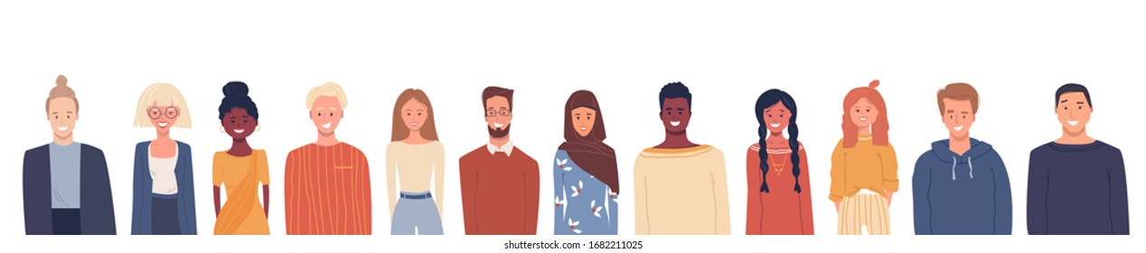 Vector illustration in flat style. Global society. Happy smiling people of different nationalities, cultures isolated on white. Multiethnic group of people. White empty place for text