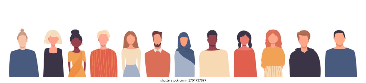 Vector illustration in flat style. Global society. People of different nationalities, cultures isolated on white. Multiethnic group of people. Universal design concept. White empty place for text