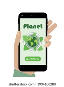 Vector illustration in a flat style. Globe in hands. Save the planet, save energy, ecology, earth day concept. Can be used for websites, banners and brochures. Online ecology theme.