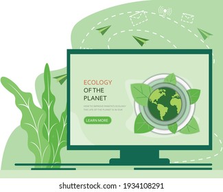 Vector illustration in a flat style. Globe in hands. Save the planet, save energy, ecology, earth day concept. Can be used for websites, banners and brochures. Online ecology theme.