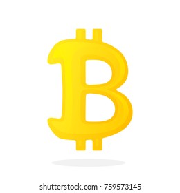 Vector illustration in flat style. Golden bitcoin sign. Symbol of crypto currency. Global virtual internet money. Block chain based secure crypto currency. Isolated on white background