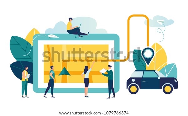 Vector illustration, flat\
style, gps system, cartography display, location on the city map,\
navigation in the smartphone and tablet, the path is paved to the\
car vector