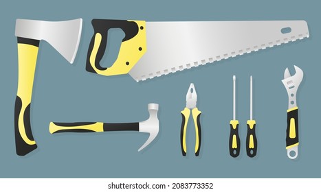 Vector illustration in a flat style with a gradient. A set of construction tools. Axe, saw, hammer, pliers, wrench, screwdriver.
