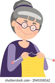 Ilustración vectorial de estilo plano, la abuela toca la ropa a mano.
