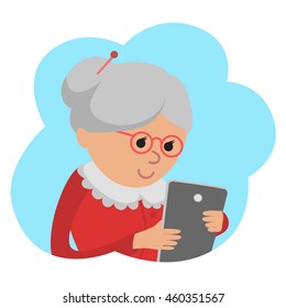 Vector illustration in flat style of grandmother use tablet