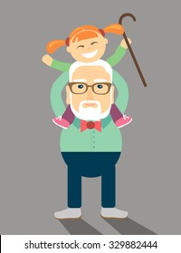 Vector illustration in a flat style. Grandpa put his granddaughter on his shoulders.