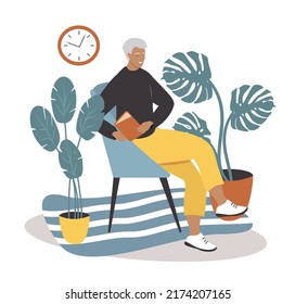 vector illustration in a flat style - a gray-haired man sits in a chair and reads a book
