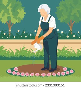 Ilustración vectorial en un estilo plano, abuela de cabello gris más de 60 pensionistas regando flores. El fin de la agricultura, los negocios y la jardinería en la vejez.