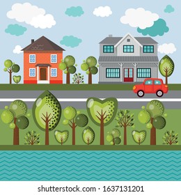 Vector illustration in flat style of a green city street in sunny weather with beautiful houses, trees, and car. Scene of a summer day in the city. Summer landscapes with houses, car and trees.