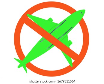 Vector illustration in a flat style: green airplane crossed out. No travel. No flying. COVID-19