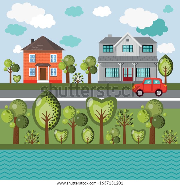 Vector illustration in flat style of a green city\
street in sunny weather with beautiful houses, trees, and car.\
Scene of a summer day in the city. Summer landscapes with houses,\
car and trees.