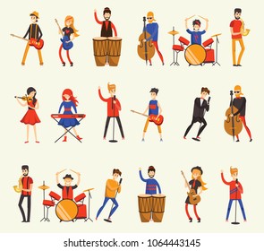 Vector illustration in a flat style of group of singing, playing guitar, drums, piano, saxophone and other music instrument people