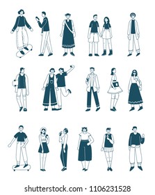 Vector illustration in a flat style of group of happy fashion people - best friends and couples