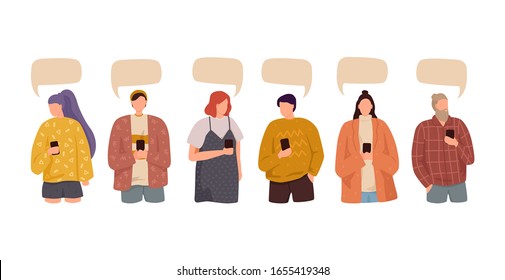 Vector illustration, flat style, Group of people discuss social media news, social networks, chat, dialogue speech bubbles