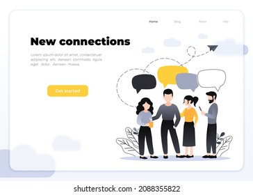 Ilustración vectorial, estilo plano, grupo de personas discuten redes sociales, noticias, chat, burbujas de discursos de diálogo. Plantar hojas y nubes en el fondo.