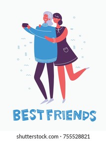 Vector illustration in a flat style of group of happy fashion best friends in casual clothes