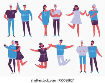 Vector illustration in a flat style of group of happy fashion people - best friends in casual clothes