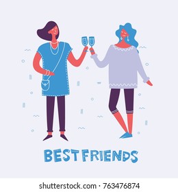 Vector illustration in a flat style of group of happy fashion women drinking a wine - best friends forever