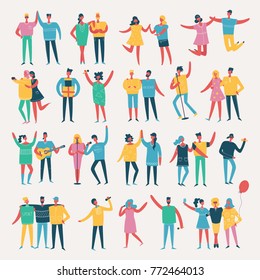 Vector illustration in a flat style of group of happy fashion people - best friends on the party.