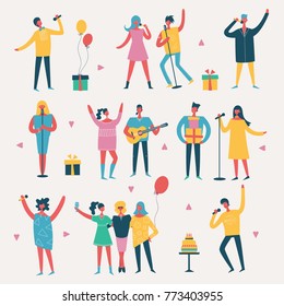 Vector illustration in a flat style of group of happy fashion people - best friends on the party