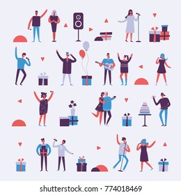 Vector illustration in a flat style of group of happy dancing and singing people - best friends on the party