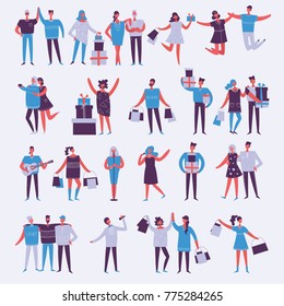 Vector illustration in a flat style of group of happy shopping, dancing, playing, jumping and singing