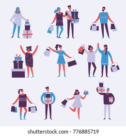 Vector illustration in a flat style of group of shopping people