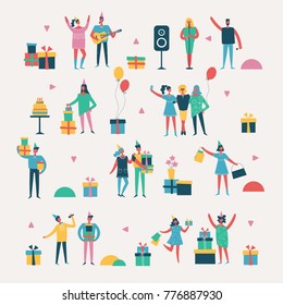 Vector illustration in a flat style of group of happy dancing, singing and birthday party people