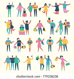 Vector illustration in a flat style of group of shopping people