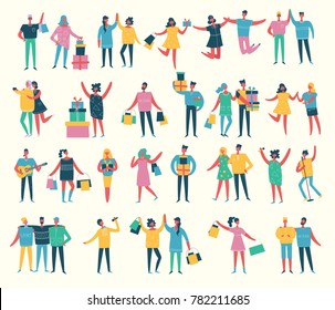 Vector illustration in a flat style of group of happy fashion birthday party, shopping, dancing and singing people