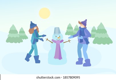 Vector illustration in a flat style. A guy and a girl are making a snowman. Winter fun on a sunny frosty day. A loving couple in warm clothes, hats, scarf, mittens.