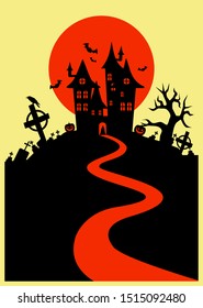 Vector illustration, Flat Style, Halloween background, the vampire castle silhouette located on a hill between the cemeteries  at full moon, tombstone, dracula, graveyard, cross, jack o lantern, scary