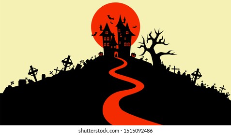 Ilustración vectorial, estilo plano, fondo de Halloween, silueta de castillo de vampiros situada en una colina entre los cementerios a luna llena, lápida, dracula, cementerio, cruz, jota de linterna, aterrador