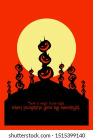 Vector illustration, Flat Style, halloween backgroud, many creepy face pumpkin s or jack o lantern are impaled on a hill during the full moon. Can use for card, background, poster, invitation