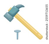 Vector illustration in flat style. Hammer and nail on white background. Hammer nails. Construction and repair. Carpenter tool