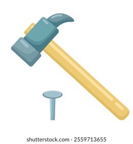 Vector illustration in flat style. Hammer and nail on white background. Hammer nails. Construction and repair. Carpenter tool