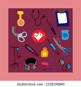 Vector illustration in flat style. Hand drawn elements. Staff Nurse background. 