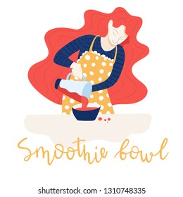 Vector illustration in flat style with hand lettering. A healthy lifestyle, healthy food, smoothie drinks, and bowls. Woman makes smoothie bowl or drink.