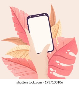 Vector illustration in flat style with hand holding mobile phone and tropical plants around isolated on light background. Smartphone with empty screen mock up