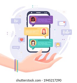 Ilustración vectorial en estilo plano con mano, teléfono móvil, mensajes e iconos aislados en fondo blanco. Charlas con amigos, comunicación, concepto de red social para sitio web, diseño de banners