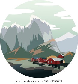 vector illustration, flat style, hand drawn, north scandic landscape, mountain village in valley on river bank under cloudy sky, north wind, nature, travel, snow peaks. Illustrations, poster, sticker 