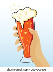 Vector illustration in a flat style. Hand with a glass of dark beer.