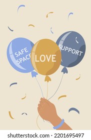 Vector Illustration In Flat Style - Hand Holds Balloons With Inscriptions: Love, Support, Safe Space
