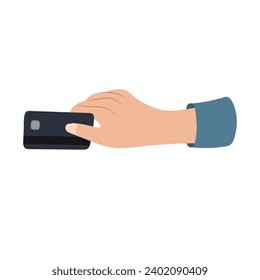 Vector illustration in flat style of a hand holding a credit card to pay bills or purchases. Payment by credit card. Transaction and banking system, store seller and buyer.